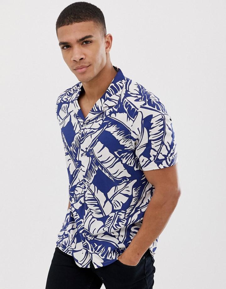 Burton Menswear Shirt With Leaf Print In Blue - Blue