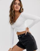 Asos Design Top With V-front And Back And Ruch Detail In White - White