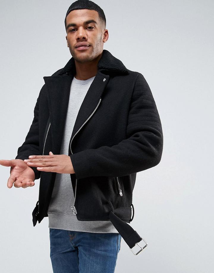 Asos Wool Mix Biker Jacket With Belt And Fleece Collar In Black - Black