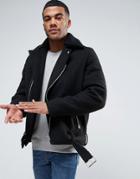 Asos Wool Mix Biker Jacket With Belt And Fleece Collar In Black - Black