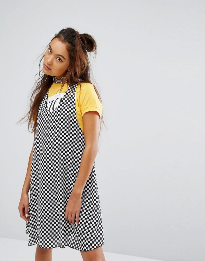 The Ragged Priest Racer Back Mini Dress With Metal Ring In Checkerboard - Black