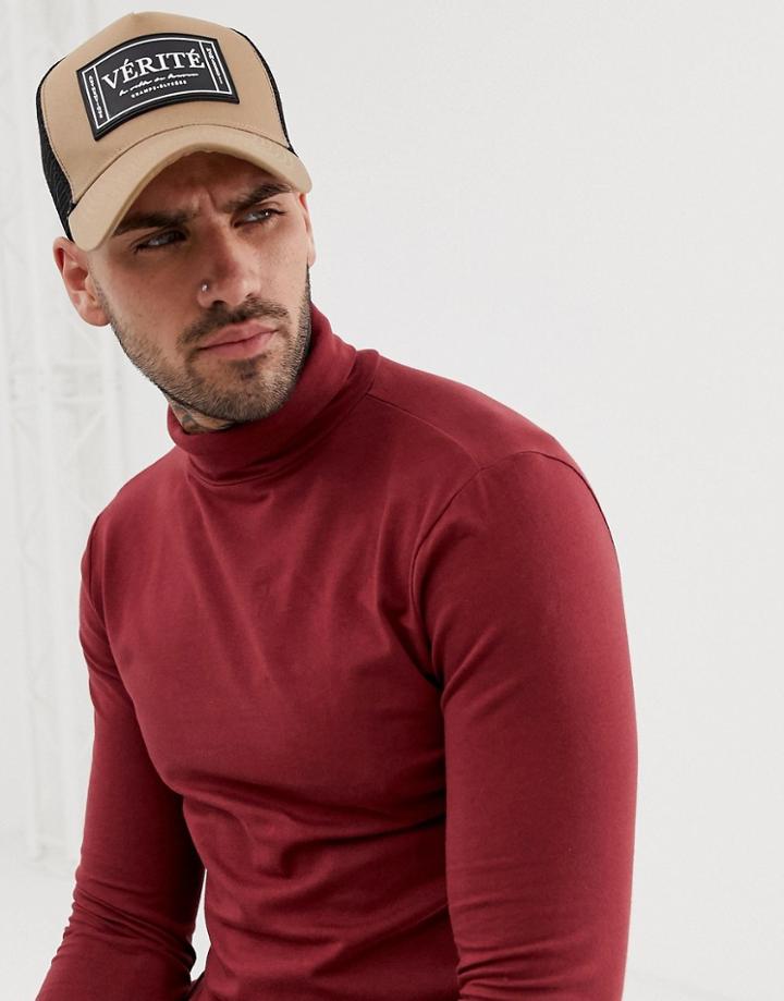 Asos Design Baseball Cap In Camel With Rubberised 'verite' Badge-brown
