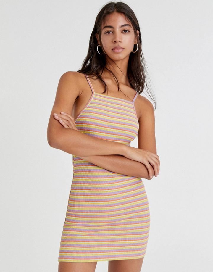 Pull & Bear Strappy Stripey Dress In Lilac-purple