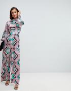 Asos Design Jumpsuit With High Neck And Blouson Sleeve In Mixed Floral Print-multi