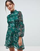 Missguided Floral Print Long Sleeve Skater Dress - Green