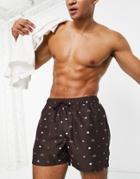 Asos Design Swim Shorts With Ditsy Print In Brown Short Length