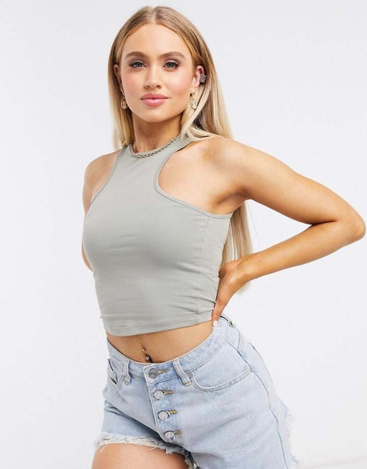 Asos Design Racer Front Crop Top In Gray-green