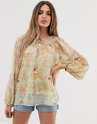 Asos Design Long Sleeve Sheer Smock Top In Hawaiian Print - Multi