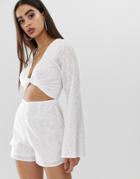 Prettylittlething Broderie Flare Sleeve Romper With Cut Out Detail In White - Red