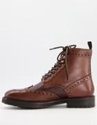 Asos Design Brogue Boots In Brown Leather With Shearling Lining On Brown Sole