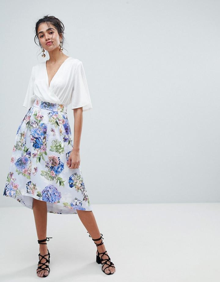 Oasis Floral Bloom Print Dip Hem Midi Skirt - Pink