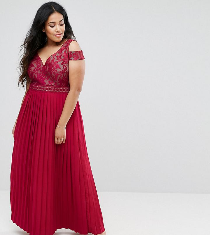 Little Mistress Plus Cold Shoulder Maxi Dress With Pleated Skirt - Red