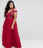 Little Mistress Plus Cold Shoulder Maxi Dress With Pleated Skirt - Red