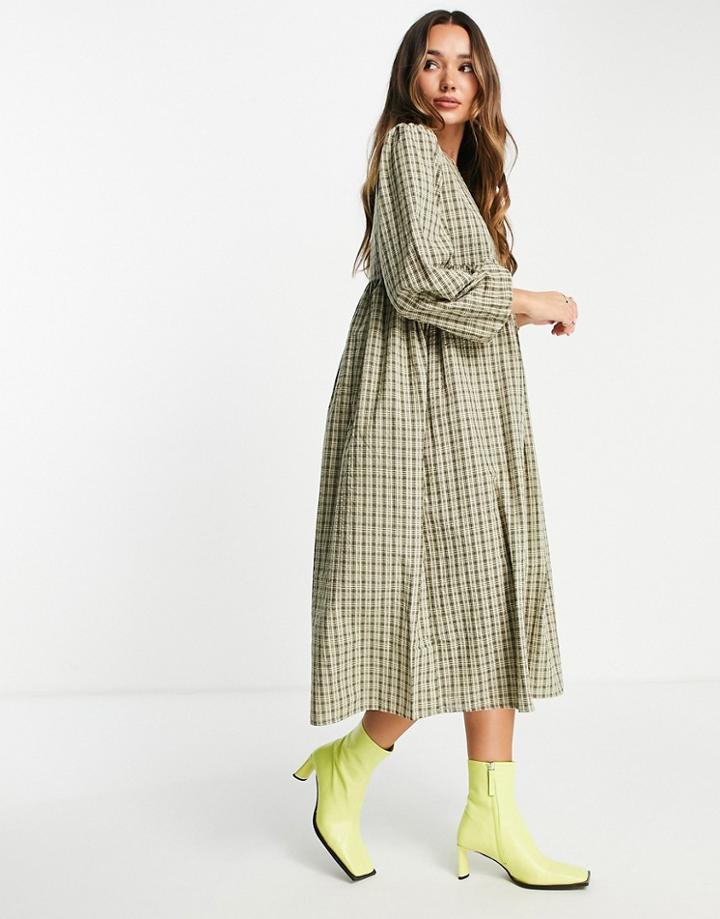 Urban Threads Tiered Midi Smock Dress In Plaid-multi