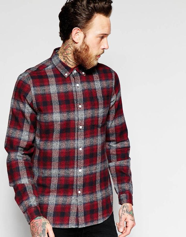 Asos Check Shirt In Burgundy Marl In Regular Fit - Burgundy