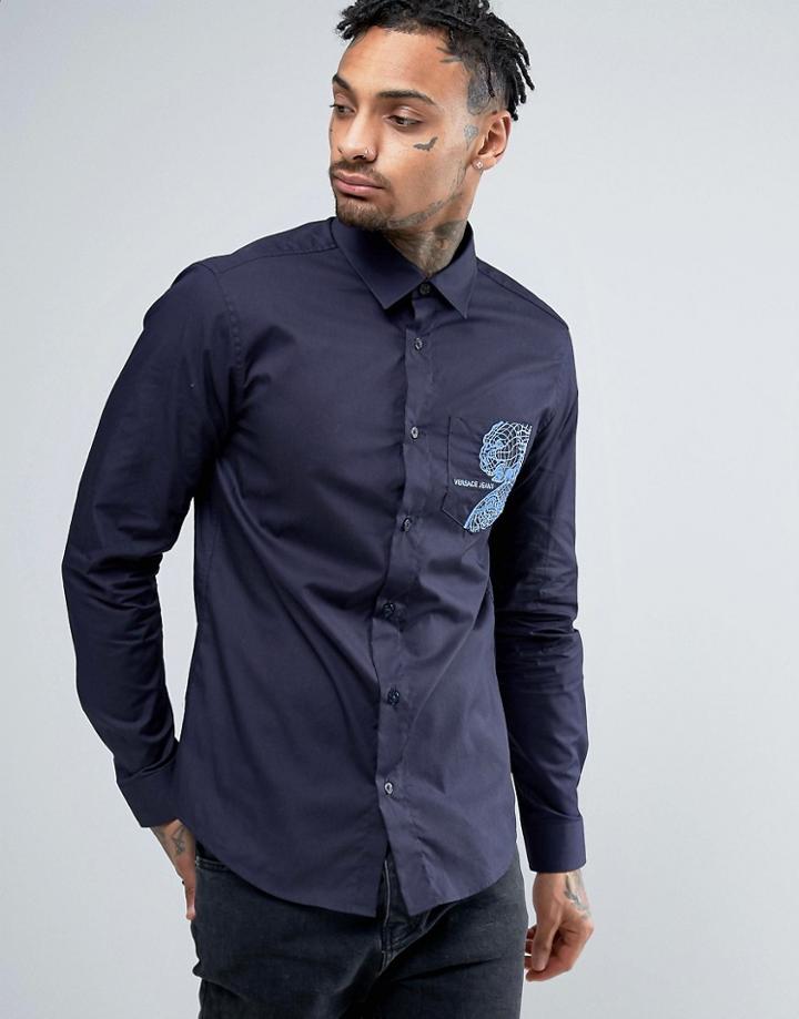 Versace Slim Fit Shirt In Navy With Embroidered Pocket - Navy