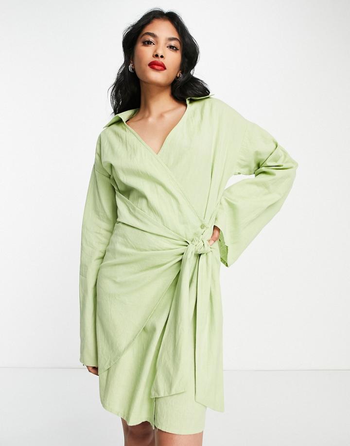 Pretty Lavish Collared Wrap Mini Dress In Green