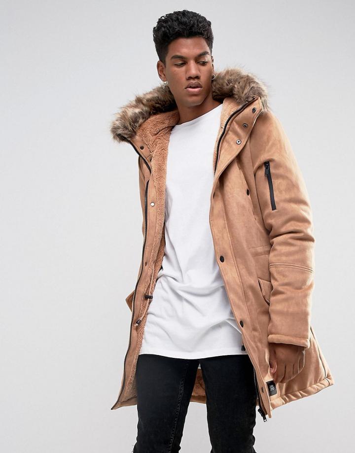 Sixth June Faux Shearling Parka Jacket With Fleece Lining And Faux Fur Hood - Tan