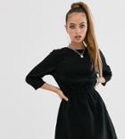 Asos Design Petite Casual Elasticated Mini Dress In Grid Texture - Black