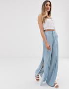 Skylar Rose Wide Leg Pants In Soft Chambray With Rope Tie Belt - Blue
