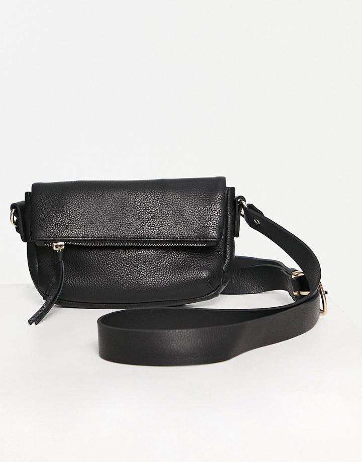 Asos Design Leather Cross Body Bag With Fold Over Flap-black