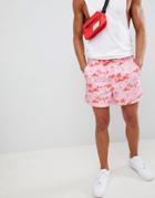 Asos Design Slim Shorts With Elasticated Waistband In Pink Tropical Print - Pink
