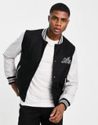 Asos Design Varsity Jacket In Black With Real Leather Sleeves And Badging