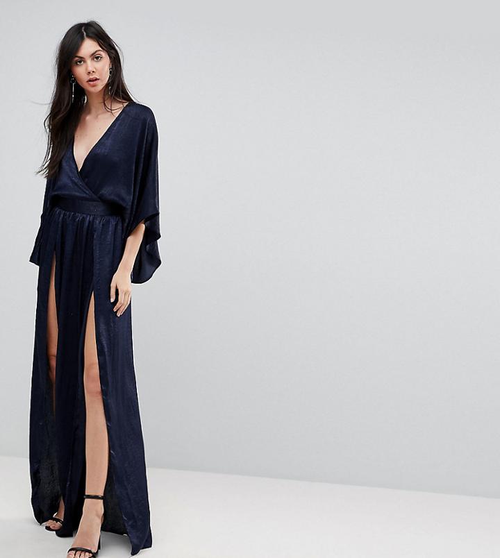 Flounce London Tall Wrap Front Kimono Maxi Dress With Double Thigh Splits And Bodysuit - Navy