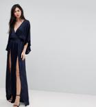 Flounce London Tall Wrap Front Kimono Maxi Dress With Double Thigh Splits And Bodysuit - Navy
