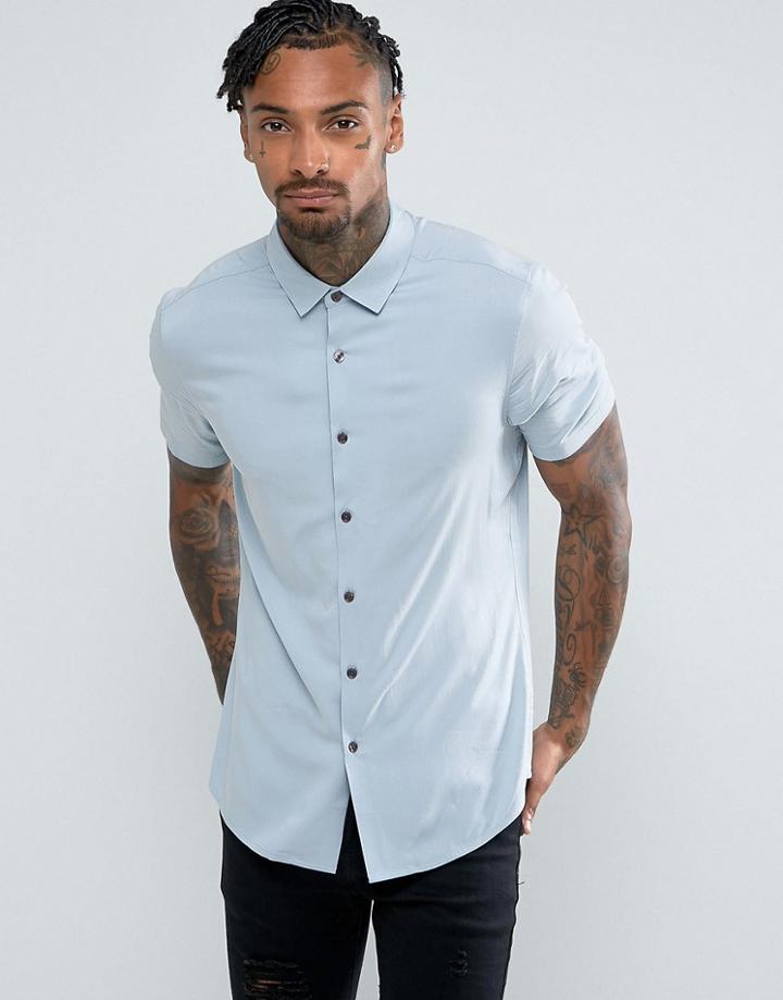 Asos Slim Fit Viscose Shirt In Blue - Blue