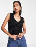 Topshop Bubble Textured V Neck Top In Black-neutral