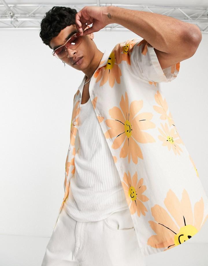 Asos Design Relaxed Revere Shirt In White With Floral Print
