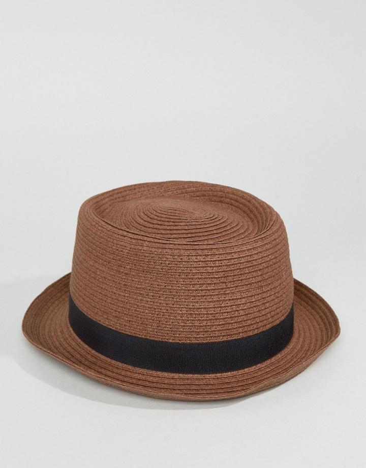 Asos Straw Pork Pie Hat In Camel - Beige