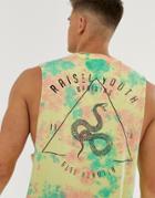 Asos Design Organic Cotton Relaxed Sleeveless T-shirt In Heavy Wash With Back Snake Print - Green
