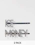 Asos Design Pack Of 2 Crystal Hair Clips In Money And Ice Slogan - Silver