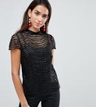Lipsy Going Out Sequin Scalloped Top-black