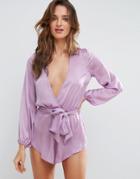 Asos Satin Beach Romper With Plunge Neck And Long Sleeves - Purple