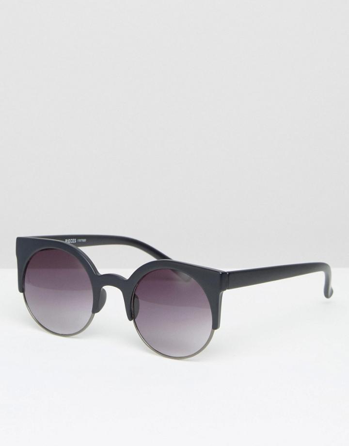 Pieces Round Cat Eye Sunglasses - Black