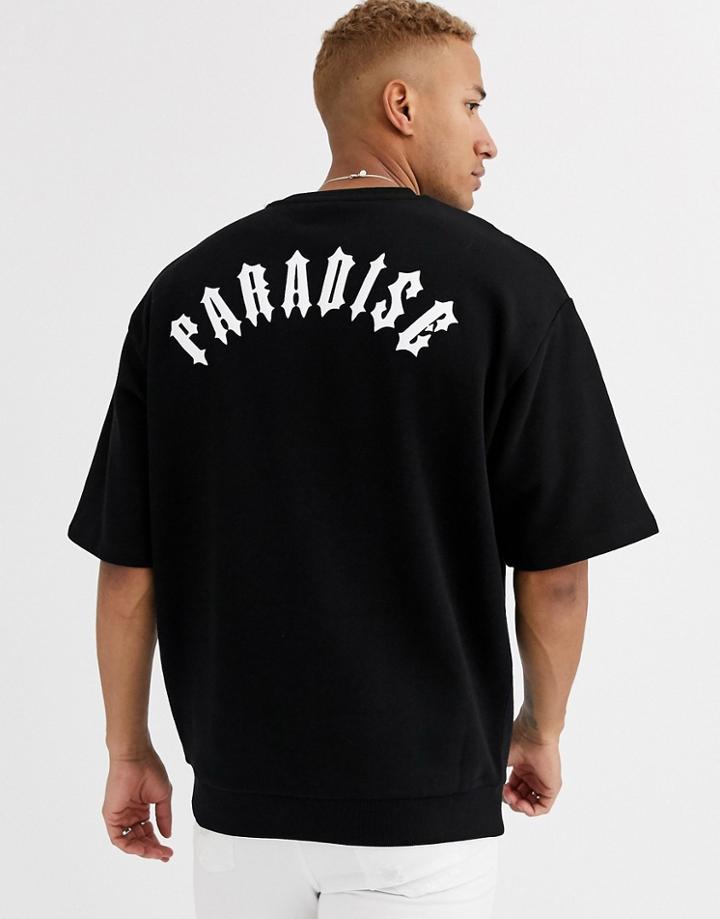 Asos Design Oversized Short Sleeve Black Sweatshirt With Gothic Back Text - Black