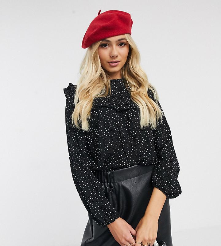 New Look Polka Dot Frill Blouse In Black Pattern-brown