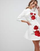 Chi Chi London Jacquard Mini Dress With Mandarin Neck And Rose Embroidery - White