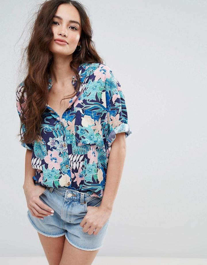 Pull & Bear Tropical Print Boyfriend Shirt - Navy