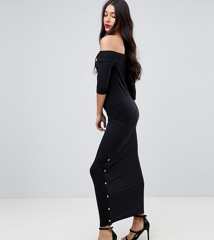 Asos Tall Off Shoulder Maxi Dress With Popper Detail - Black