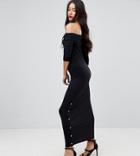Asos Tall Off Shoulder Maxi Dress With Popper Detail - Black