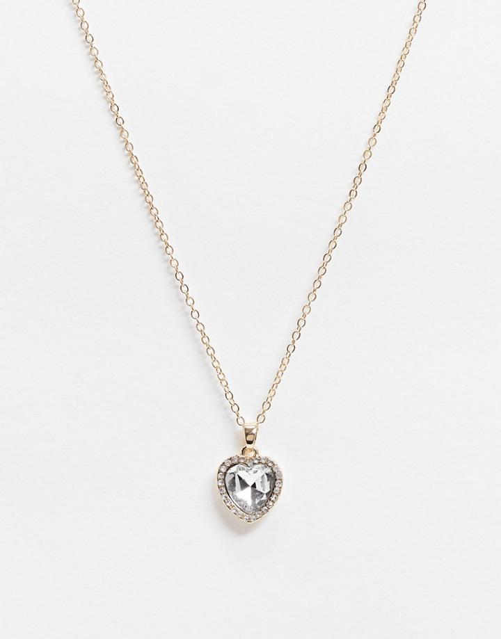 Asos Design Necklace With Clear Crystal Heart Pendant In Gold Tone