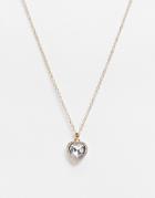 Asos Design Necklace With Clear Crystal Heart Pendant In Gold Tone