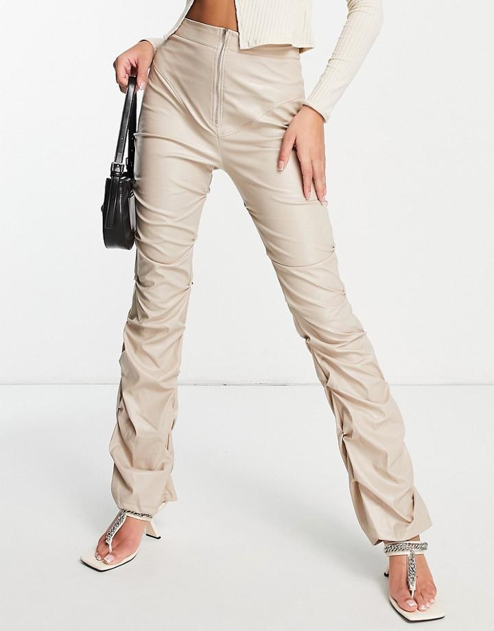 Missyempire Ruched Zip Front Leather Look Pants In Beige-neutral