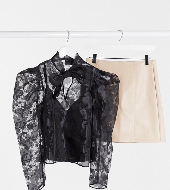 Asos Design Petite Floral Organza Long Sleeve Top With Pussybow In Black