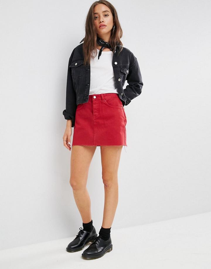 Asos Denim Mini Skirt With Raw Hem In Washed Red - Red