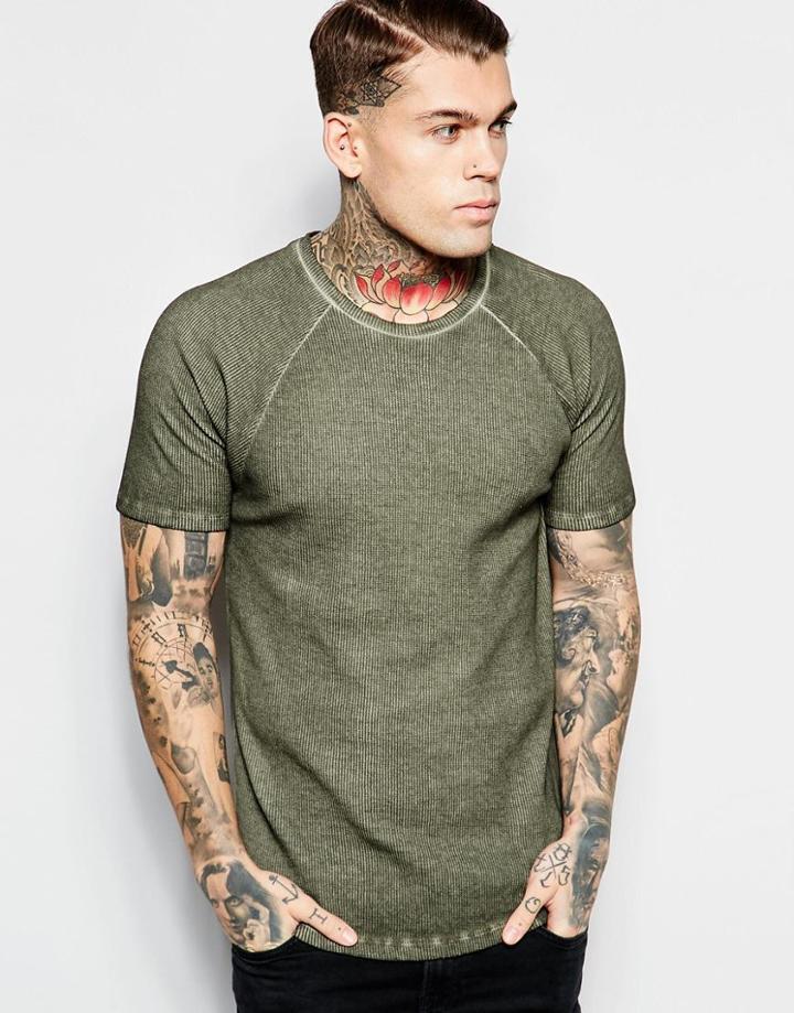 Asos Muscle Waffle T-shirt With Oil Wash In Green - Field Green